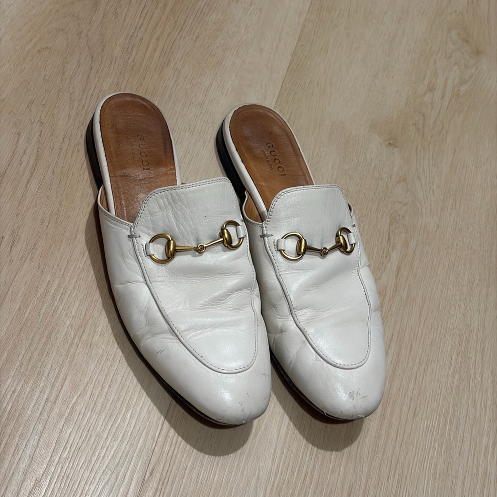 Gucci White Leather Mules with Gold Detail